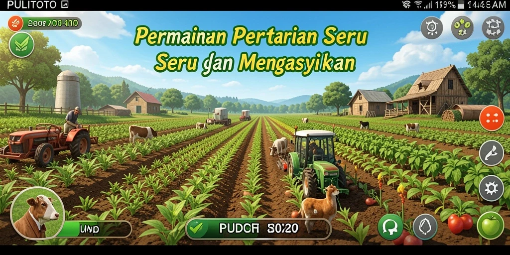 Tampilan gameplay PULITOTO dengan ladang hijau dan hewan ternak.