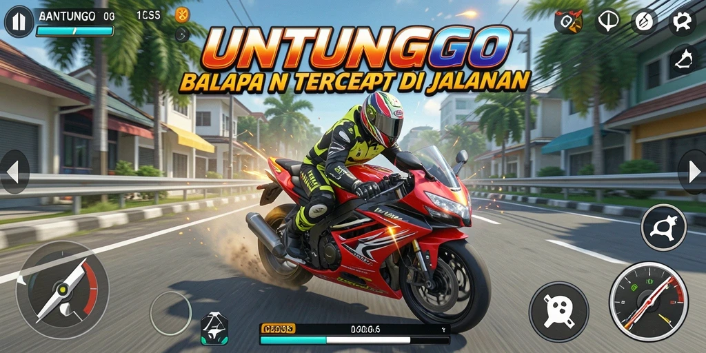 Tampilan gameplay <strong>UNTUNGGO</strong> yang seru dan mendebarkan dalam balapan motor.